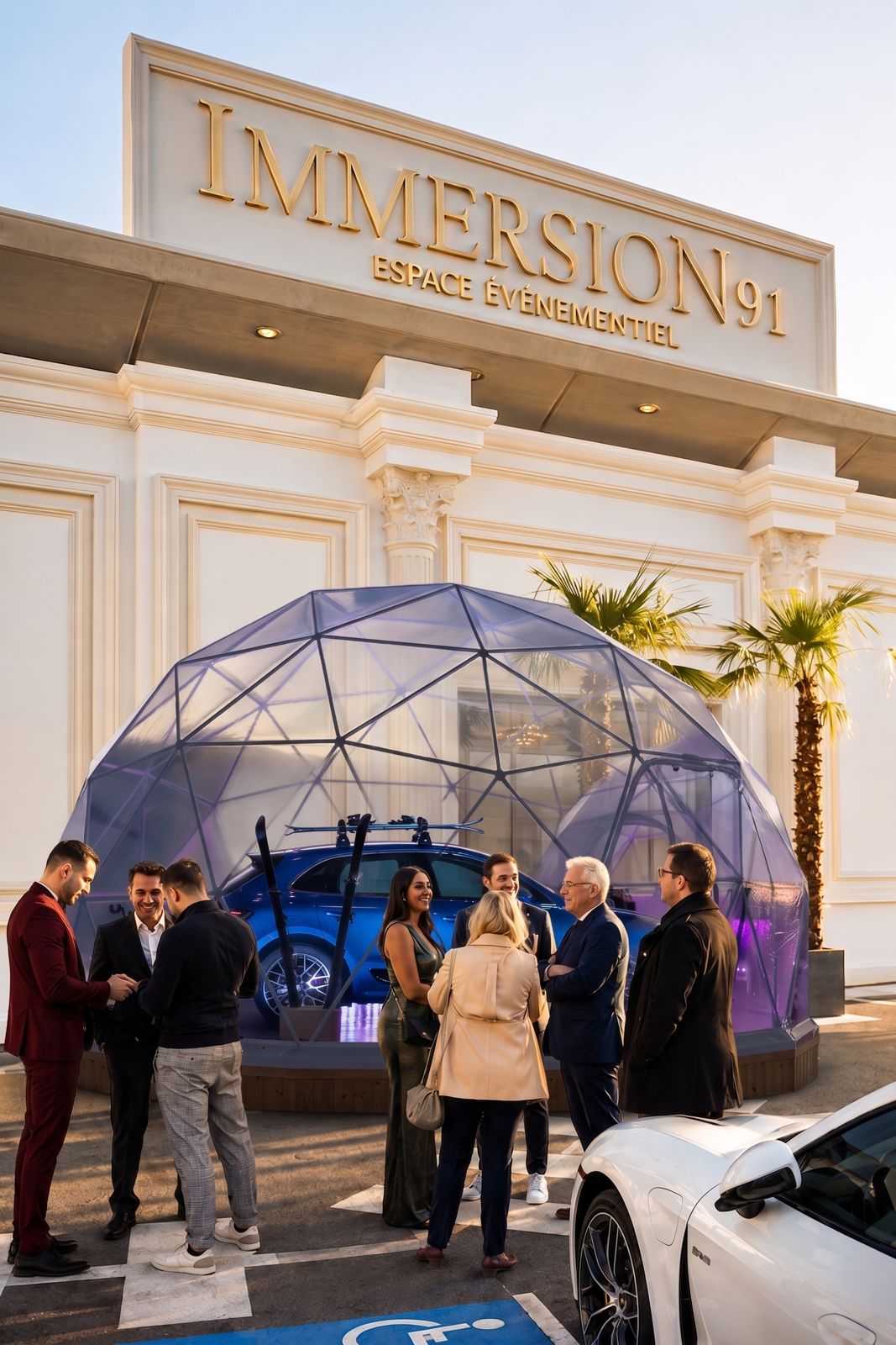 Présentation d'un véhicule sous un dôme devant Immersion 91